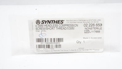 Synthes 02.226.650 4.5mm Headless Compression Screw/Short Thread/50mm